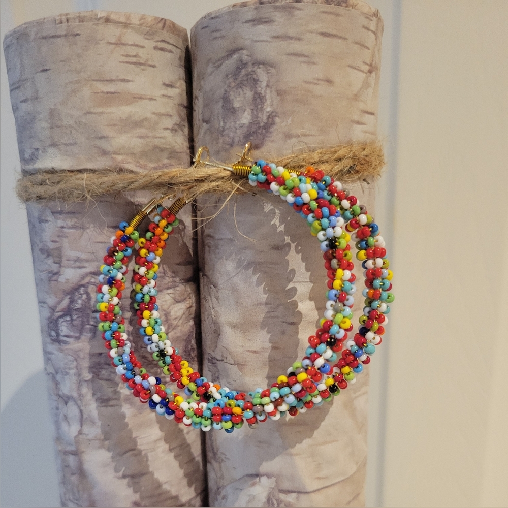 Handmade Multicolor Beaded Hoop Southwestern Boho Western Artisan Festival Y2k - Picture 3 of 4